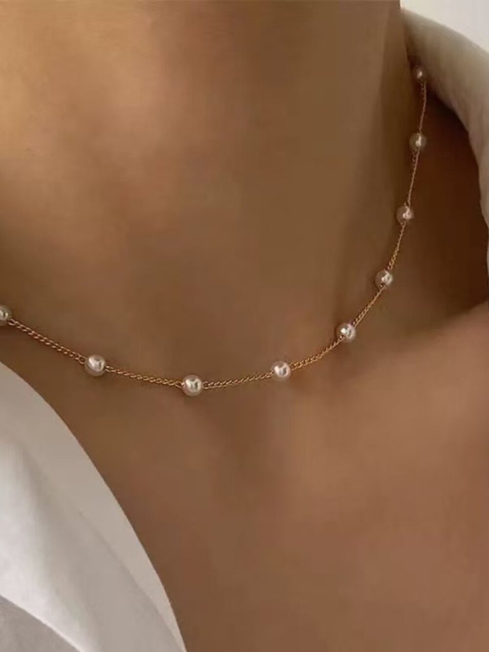 Minimalist Dainty Gold Pearl Station Choker Necklace